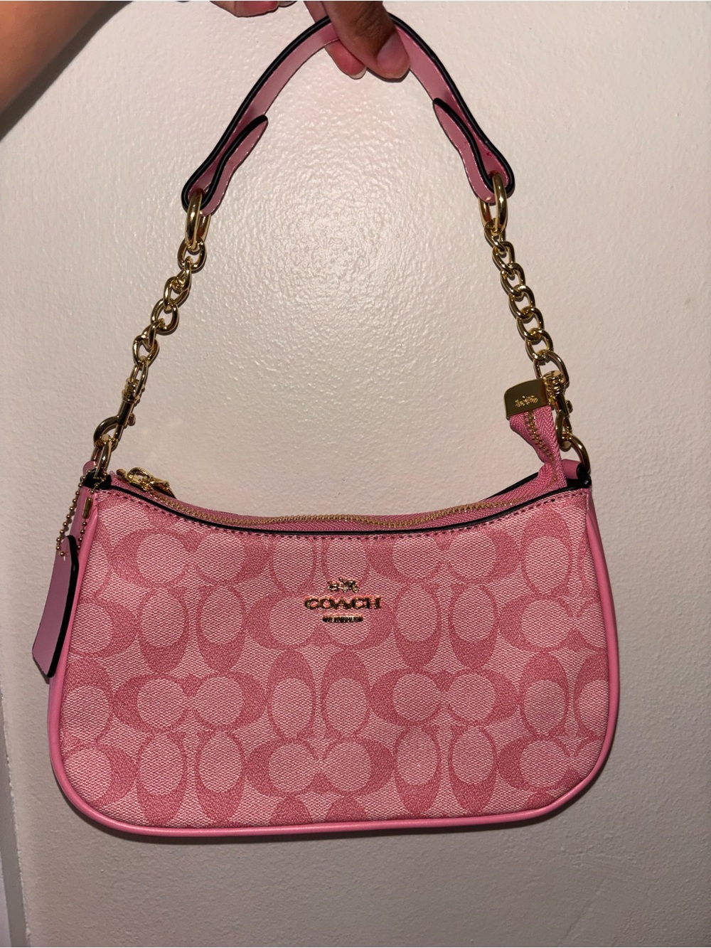 Coach Pink Signature Canvas Shoulder Bag with Gold Chain